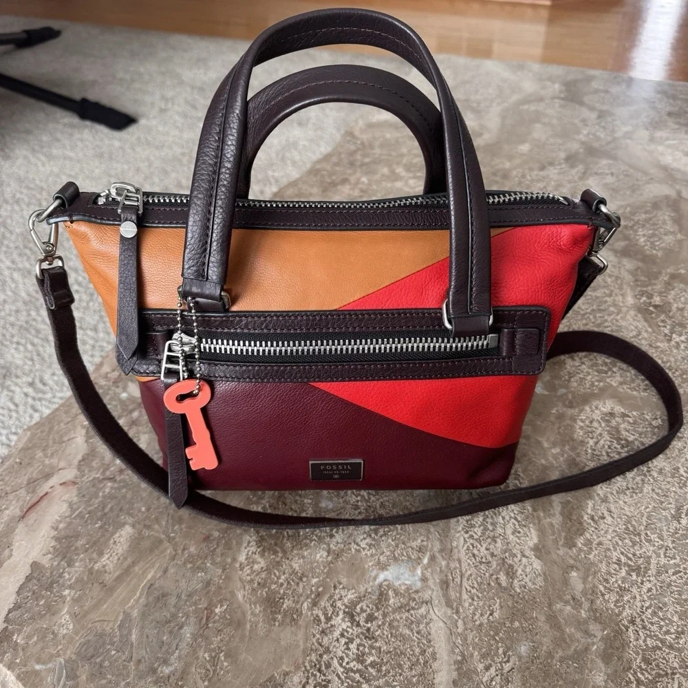FOSSIL Dawson Red Multi Leather Convertible Satchel Shoulder Bag Crossbody